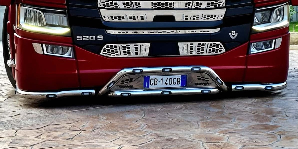BULLBAR INOX D.60 TARGA CENTRALE SCANIA S C/TUBO DI RINFORZO
